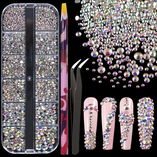 6 Sizes AB Glass Crystal Kit with Pickup Pen + Tweezer Tools for Iridescent Shine Nail Art Manicure