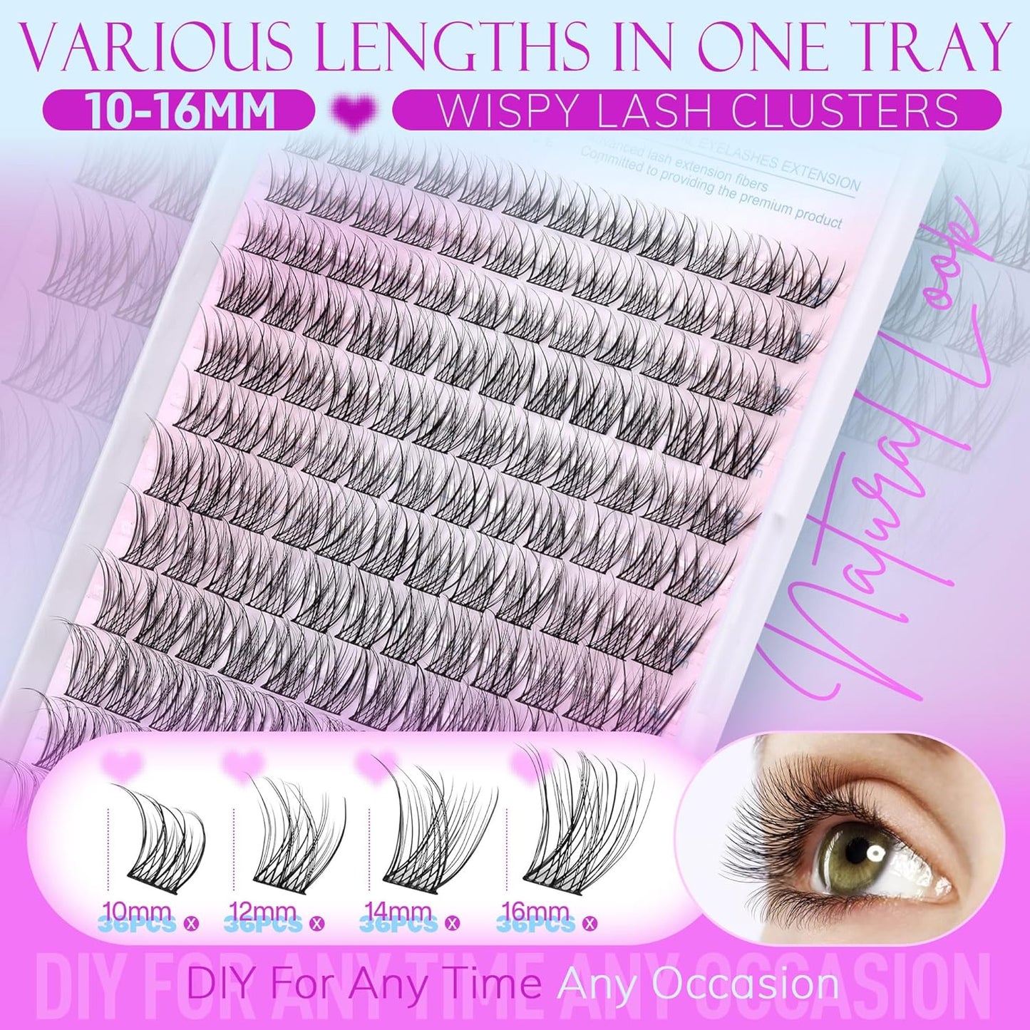 Pawotence Wispy Lash Clusters Natural Cluster Lashes Extension DIY Natural Eyelash Clusters Extension 10-16mm Individual Lashes False Eyelashes Wispy Soft Cluster Eyelash Extensions