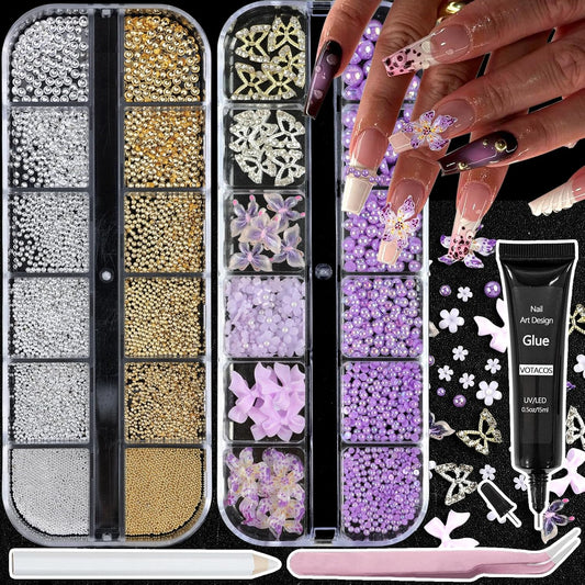Nail Art Charms with Rhinestones Glue Gel Purple Flatback Pearls Flower Butterfly Nail Gems