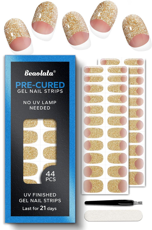 Pre Cured Gel Nail Strips - 44PCS Salon Quality Gel Nail Stickers - Long Lasting Polish Wraps for