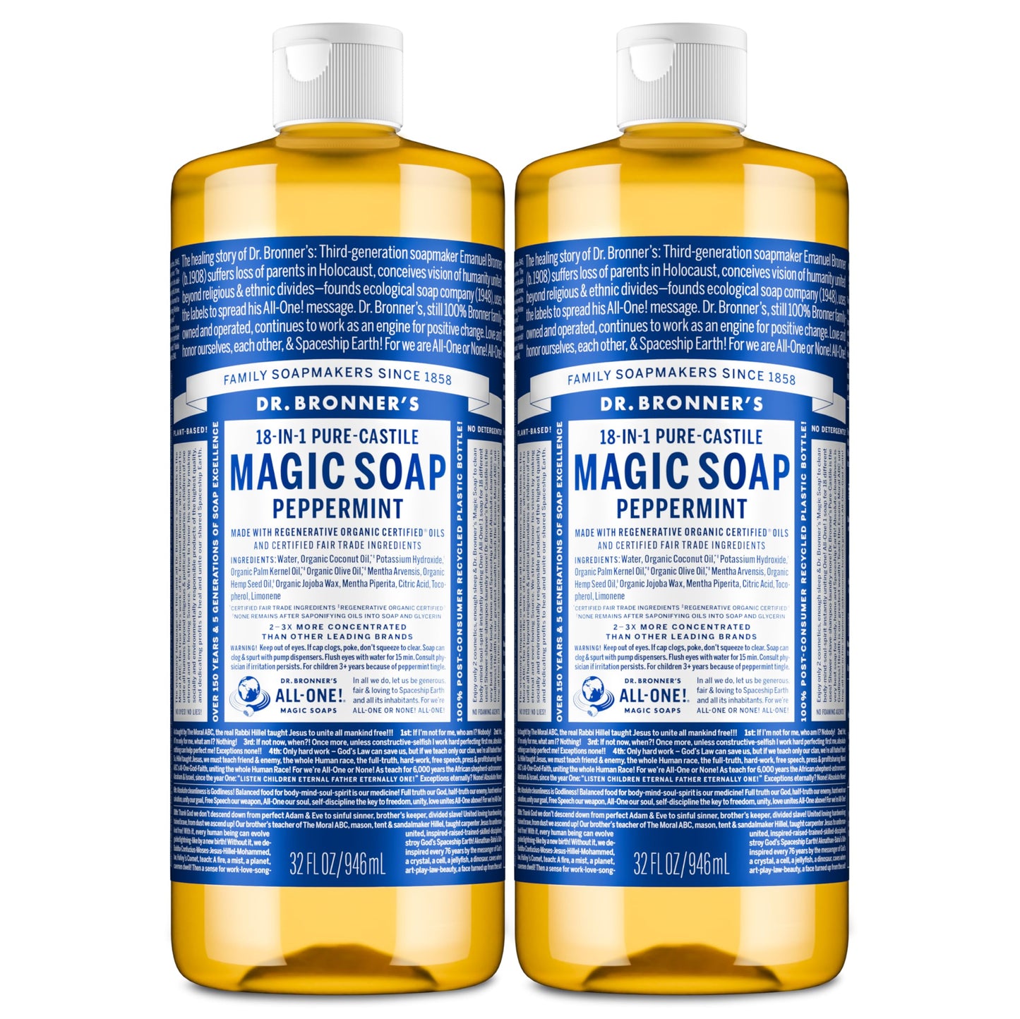 Dr. Bronner's Peppermint Pure-Castile Liquid Soap, Hand Soap, 32 oz 2-Pack