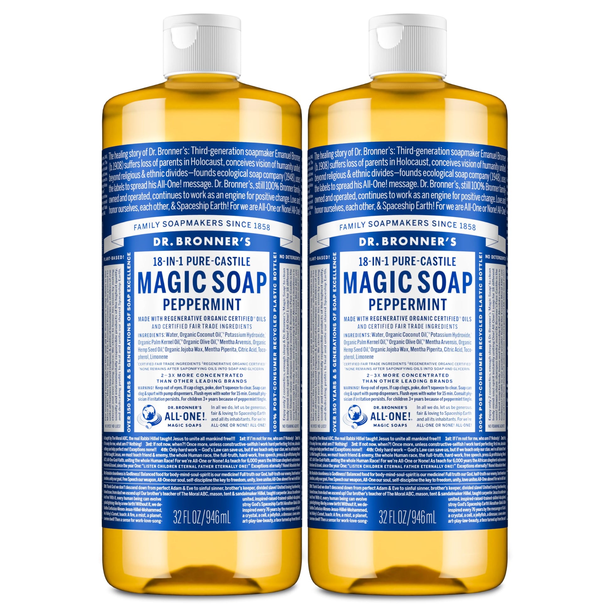 Dr. Bronner's Peppermint Pure-Castile Liquid Soap, Hand Soap, 32 oz 2-Pack